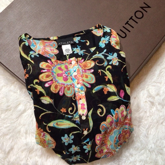 Athleta Silk Tunic Swim Cover Semi Sheer Floral Buttons Boho Swim Cover Small M - Picture 1 of 11